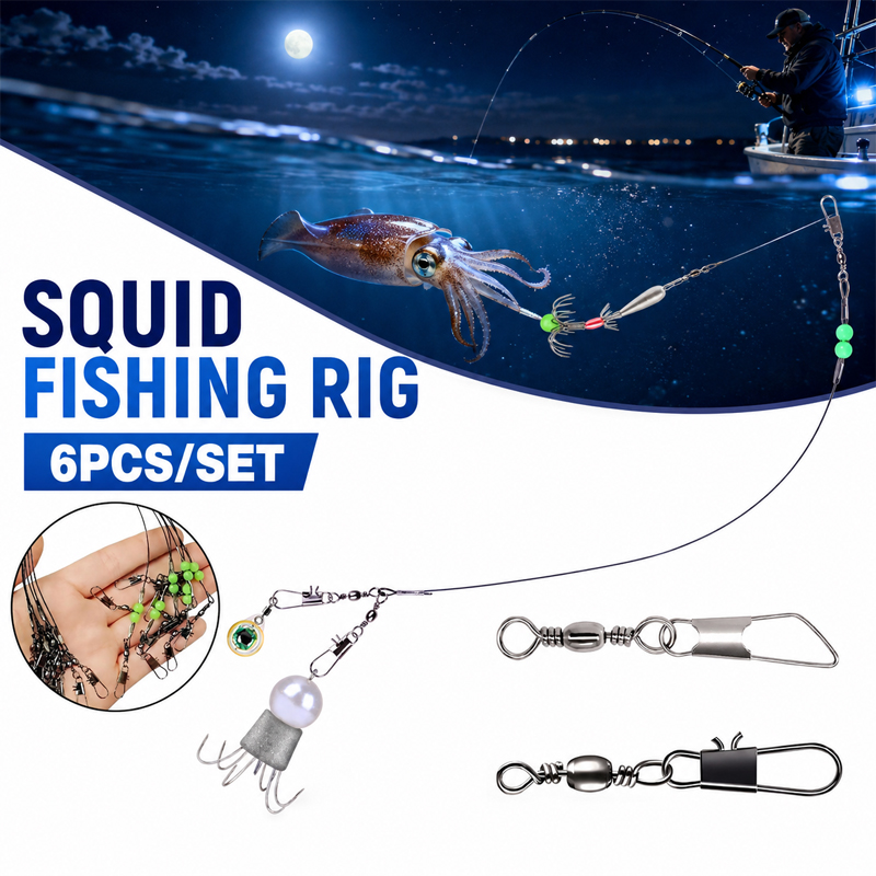 Saltwater Line - ชุดอุปกรณ์ตกปลาหมึก 6 ชิ้น ตะขอตกปลาหมึกยักษ์ สายไนลอนป้องกันการพันกัน อุปกรณ์ตกปลาปลาหมึกยักษ์