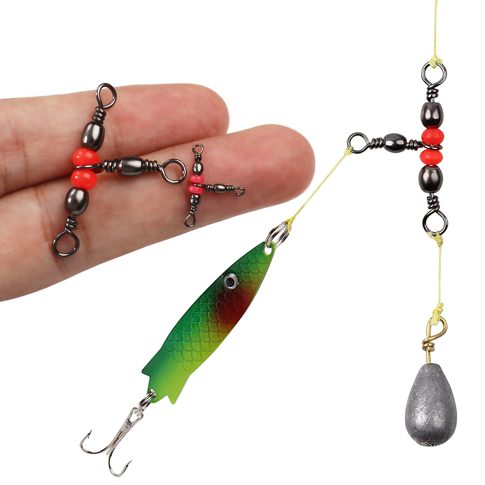 Saltwater Line - ตัวเชื่อมต่อเบ็ดตกปลาแบบสามทาง Triple Barrel T-Swivel พร้อมลูกปัดสีแดง ตัวหมุนแบบลูกกลิ้ง